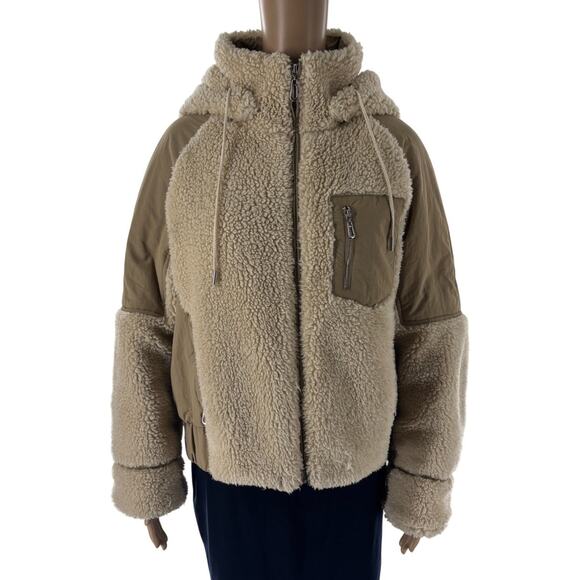 ba&sh Tan Eva Mixed Media Canvas Shearling Hooded Coat - Picture 4 of 12